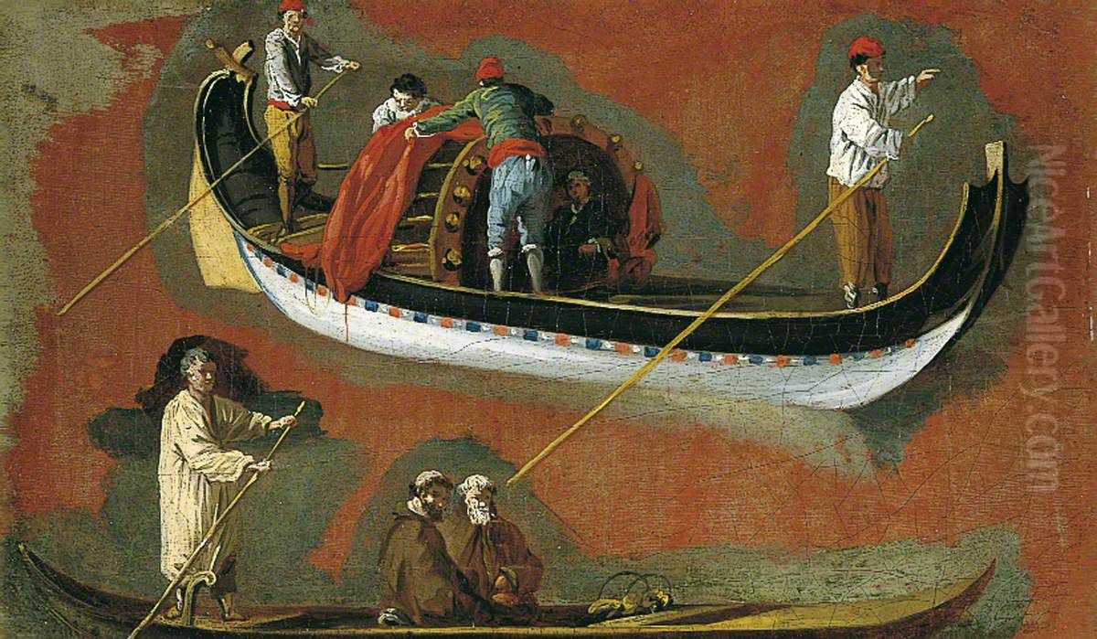 Study of Two Gondolas and Figures Oil Painting by Luca Carlevarijs