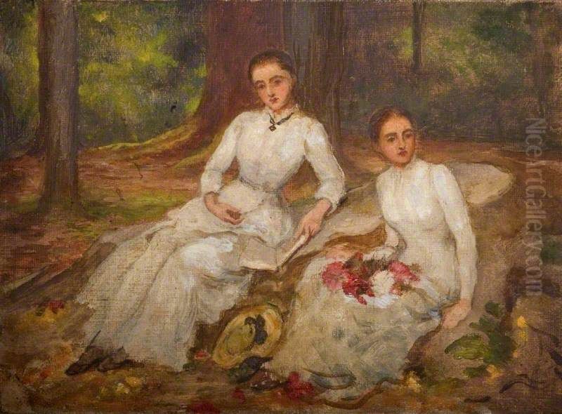 Two women in white seated in wooded glade. Oil Painting by Louisa Starr