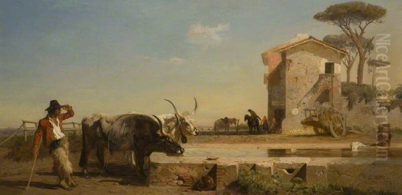 Cattle At A Drinking Place In The Compagna, Rome Oil Painting by George Heming Mason