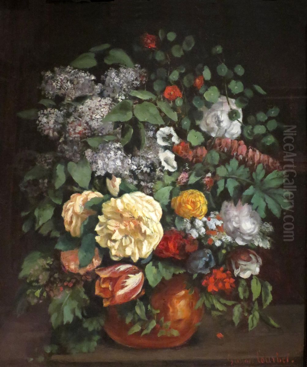 Vase of Lilacs, Roses, and Tulips Oil Painting by Gustave Courbet