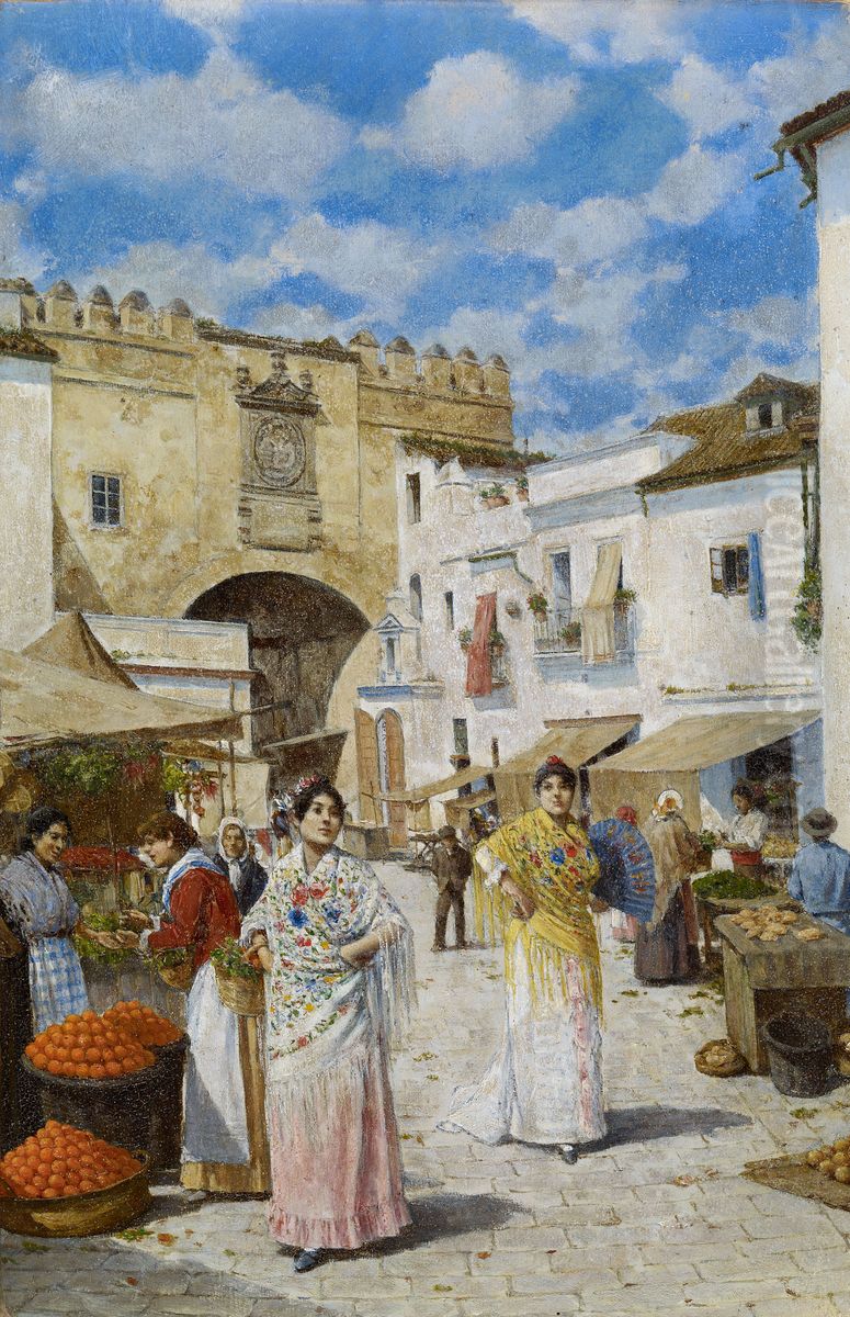 At the Market Oil Painting by Joaquin Turina Y Areal