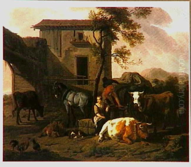 Boerenerf met paard en wagen, twee ossen, een stier en enkele kippen; een man lost goederen, een vrouw zit op een baal Oil Painting by Dirck van der Bergen