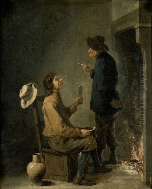 Two smoking peasants before a fireplace Oil Painting by David Teniers the Younger