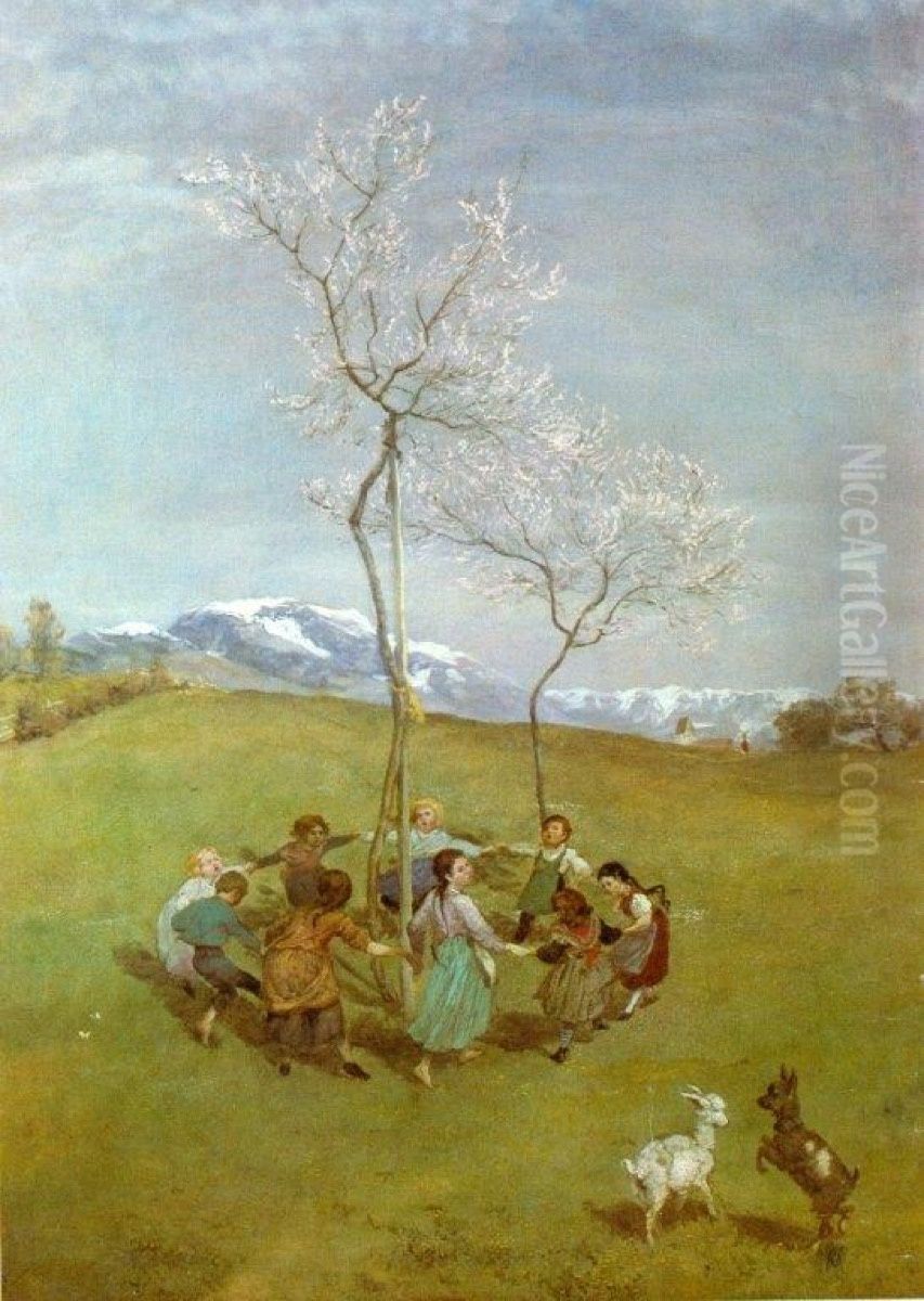 Fruhling im Gebirge / Kinderreigen Oil Painting by Hans Thoma