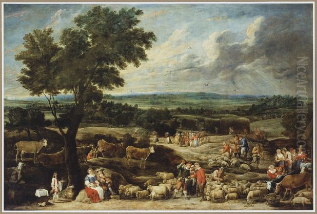 A livestock market in an extensive landscape with Antwerp in the distance Oil Painting by David Teniers the Younger