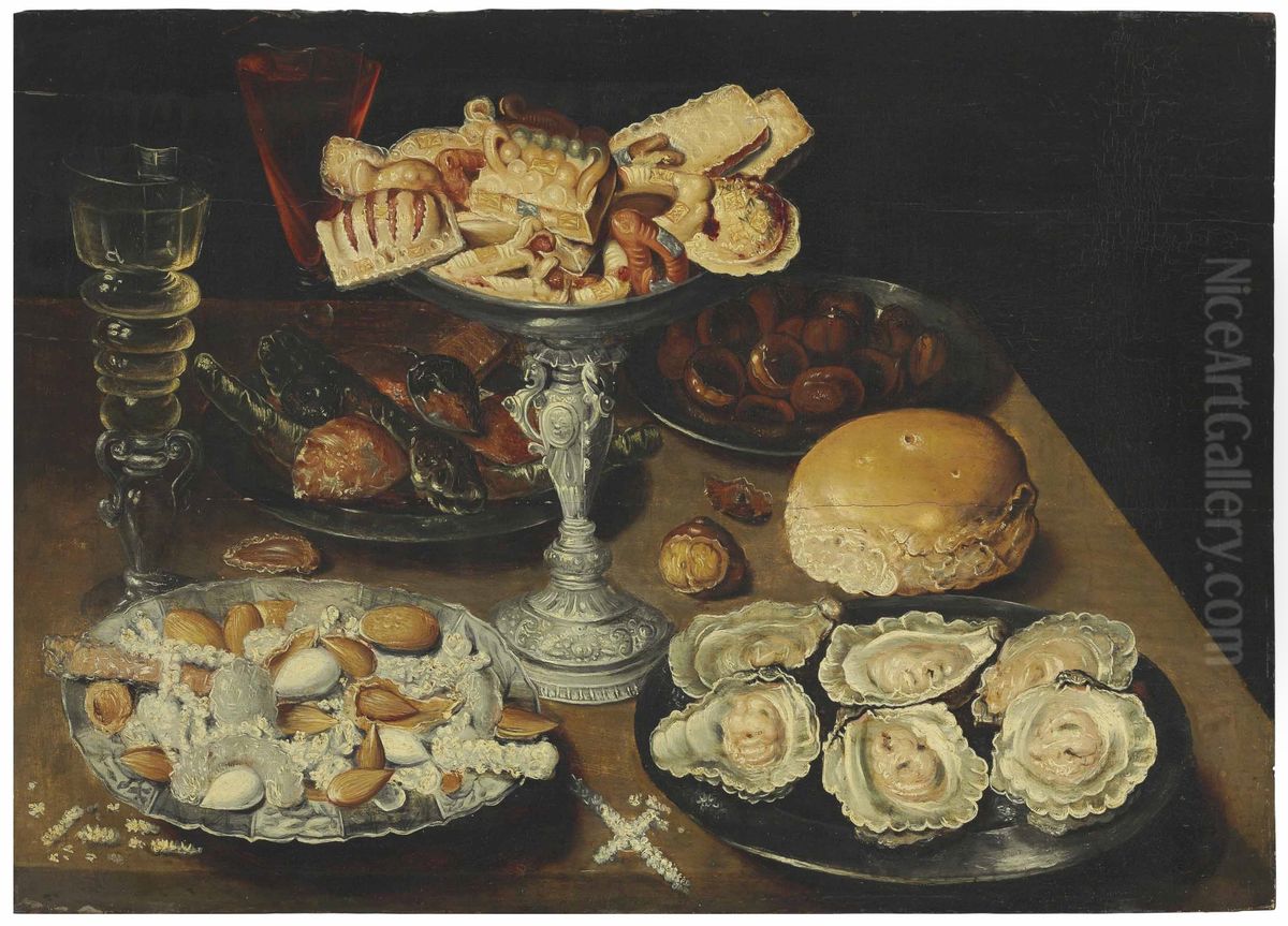 Oysters on a pewter plate with sweetmeats and biscuits in a silver tazza, chestnuts, nuts, and two facon-de-Venise wine glasses on a wooden table Oil Painting by Osias Beert