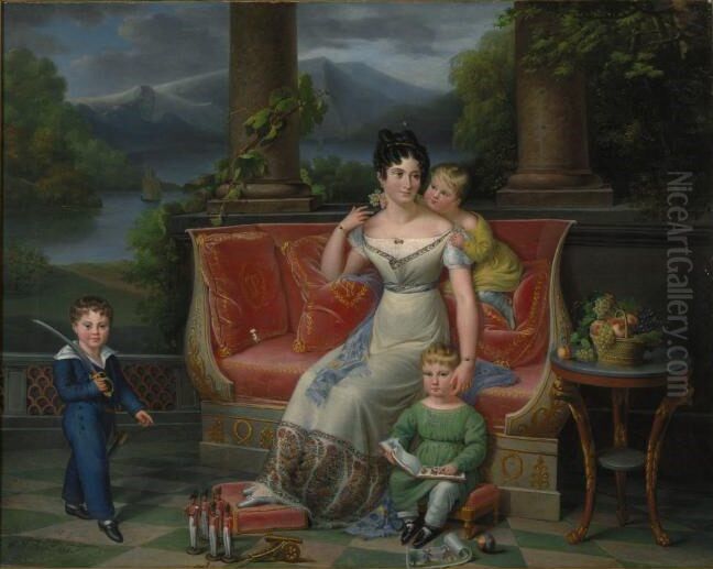 An elegant lady with three children on a neoclassical settee, on a balcony Oil Painting by Jenny Berger-Desoras