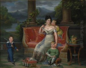 An elegant lady with three children on a neoclassical settee, on a balcony
