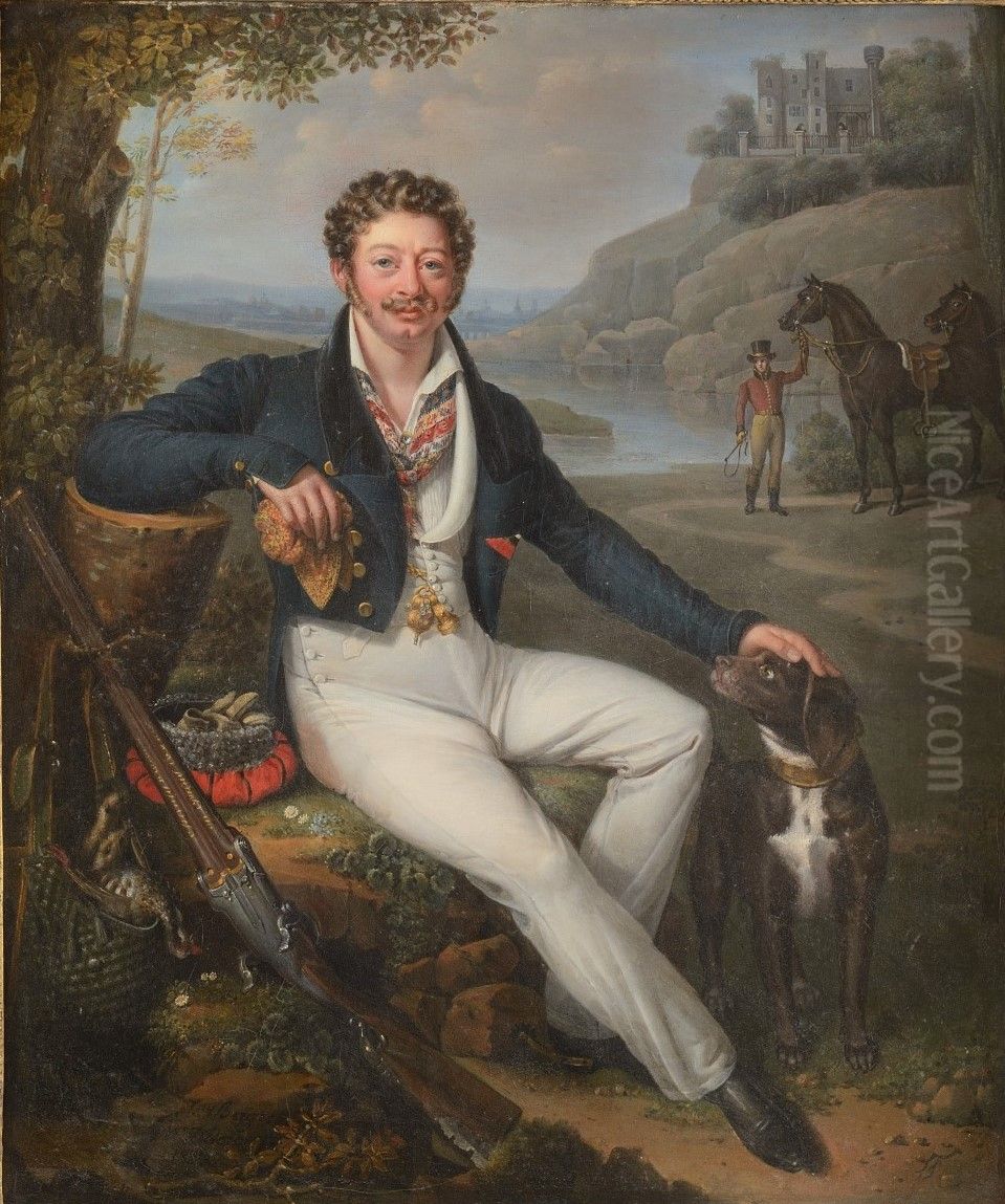 Hunter and his Dog in front of a Castle Oil Painting by Jenny Berger-Desoras