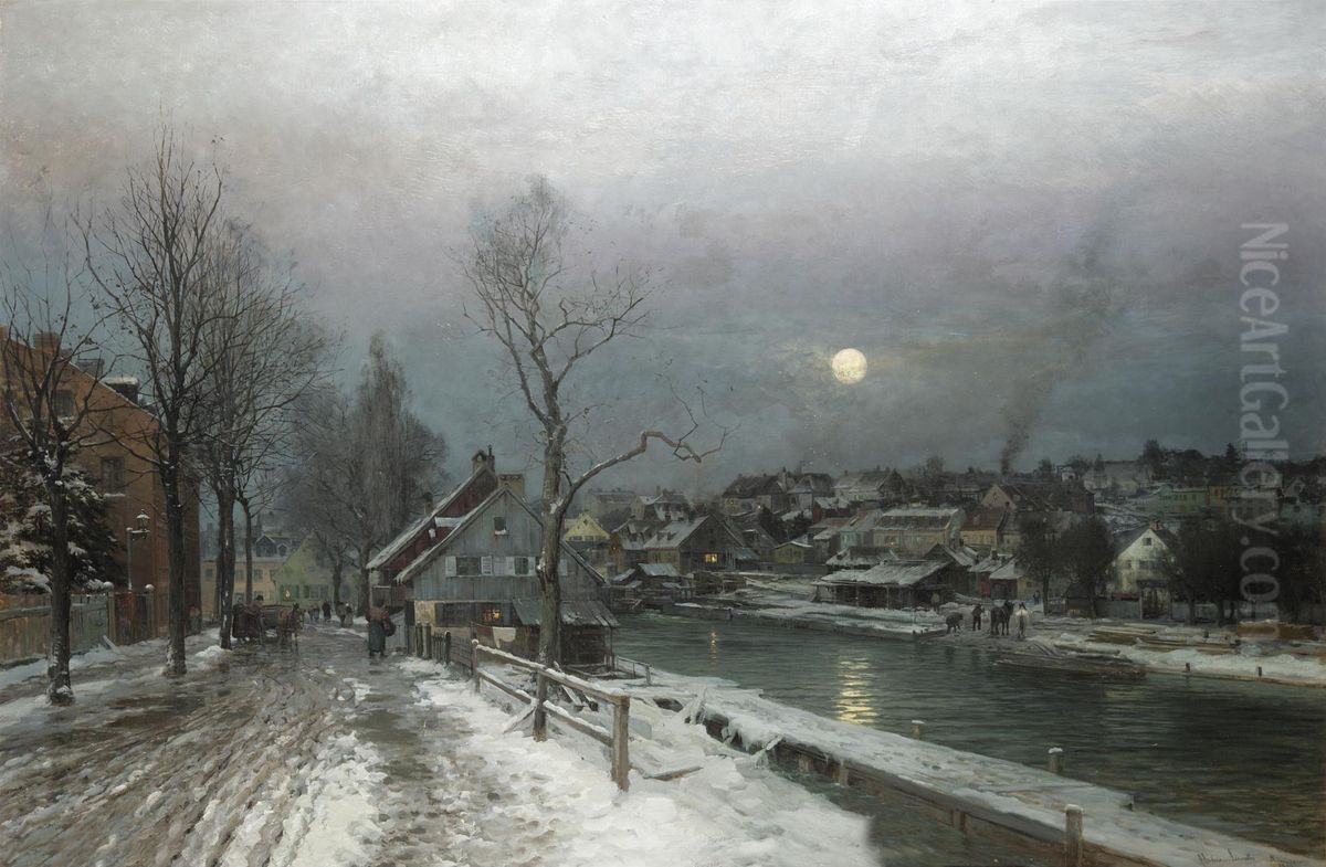 A busy town in moonlight. Oil Painting by Anders Andersen-Lundby
