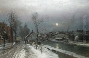 A busy town in moonlight.