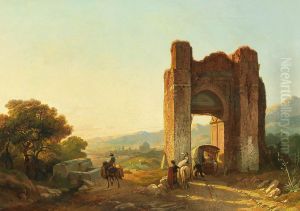 A romantic landscape with Mauritanian ruins and figures