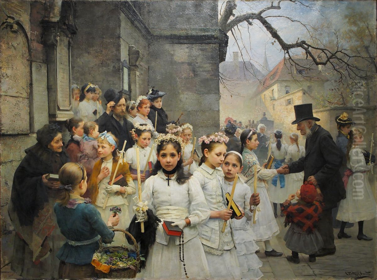 After first Communion Oil Painting by Carl Frithjof Smith