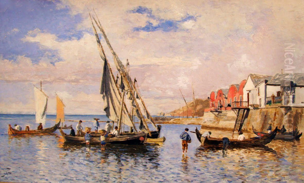 Figuras e barcos na praia Oil Painting by Joao Vaz
