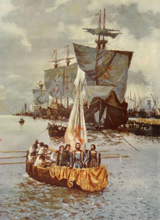 Partida de Vasco da Gama para a India Oil Painting by Joao Vaz