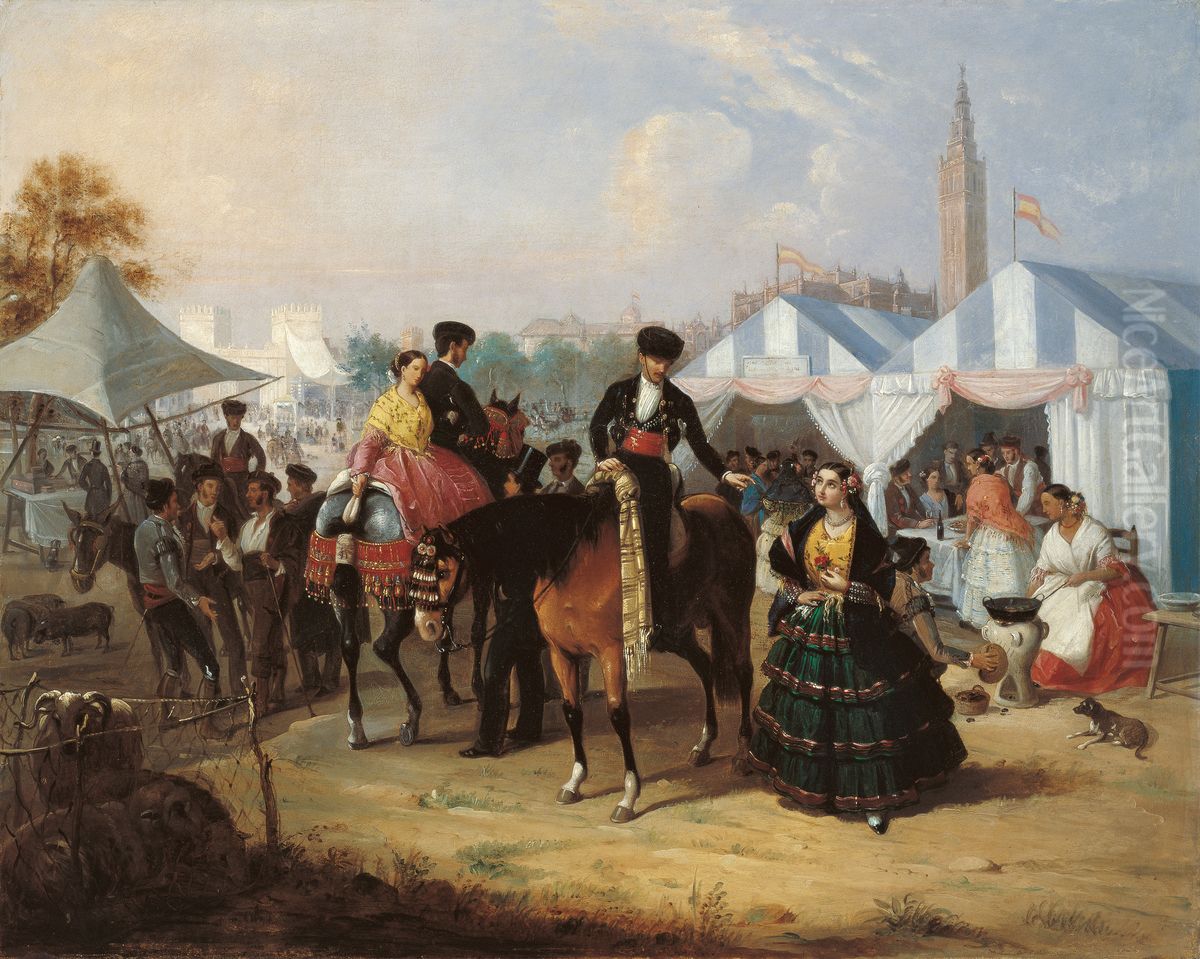 At the Seville Fair Oil Painting by Manuel Cabral y Aguado Bejarano