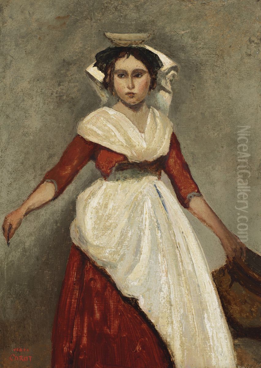 Italian woman holding a jug Oil Painting by Jean-Baptiste Camille Corot