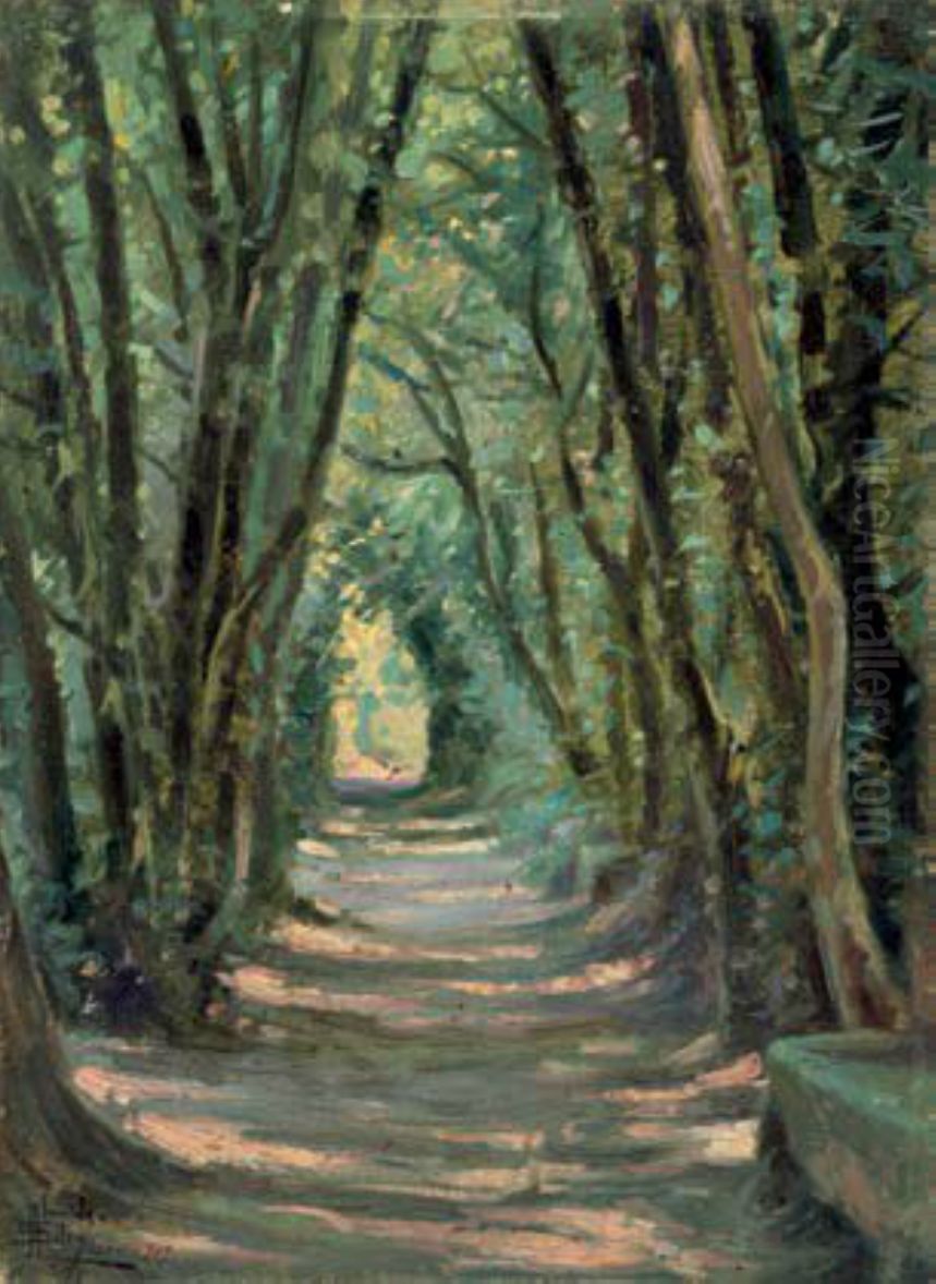 Parque do Fontelo - Alameda de Arvores Oil Painting by Jose De Almeida E Silva