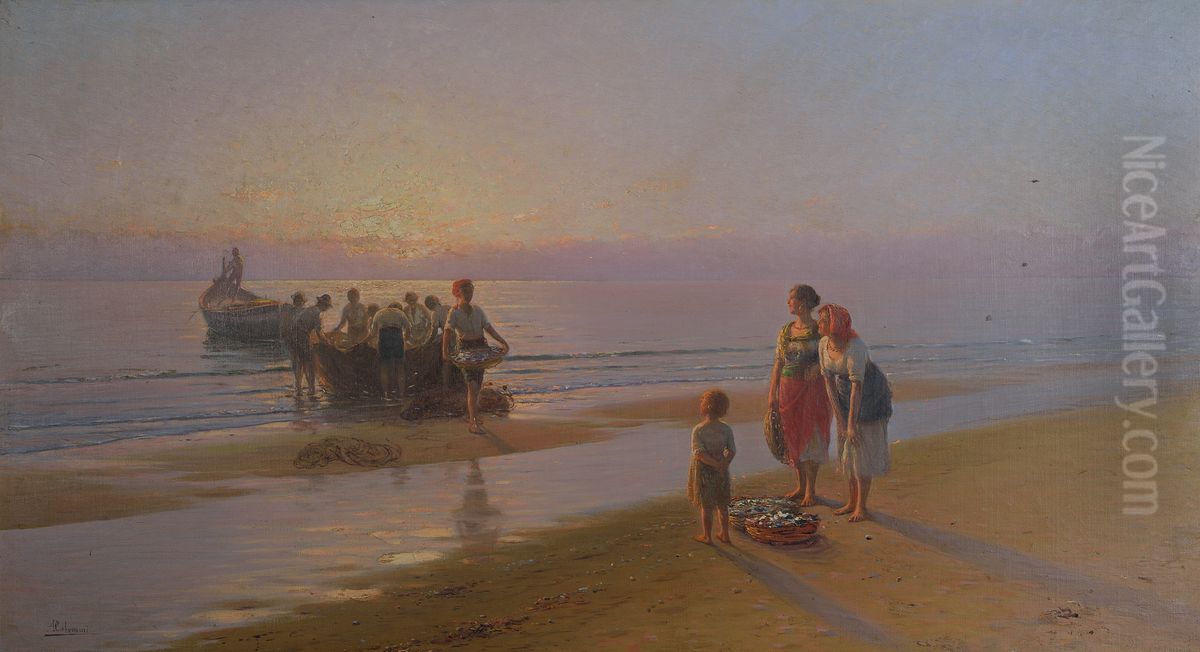 Il pescato della sciabica Oil Painting by Pasquale Celommi