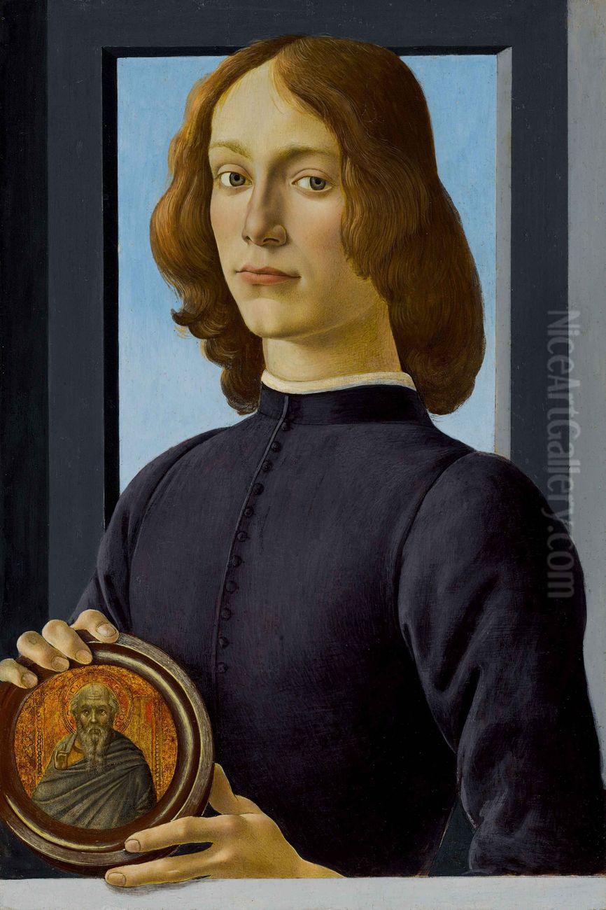 Portrait of a Young Man Holding a Medallion Oil Painting by Sandro Botticelli