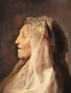 Head of an old woman with a head scarve, seen in profile