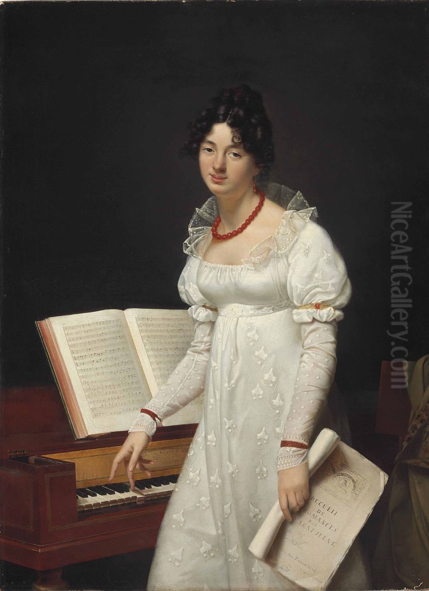 Portrait of a lady standing next to a piano forte holding a manuscript Oil Painting by Adele Romany