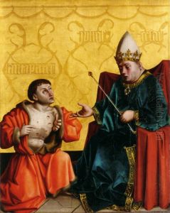 Antipater montrant ses blessures a Jules Cesar, retable duMiroir du salut