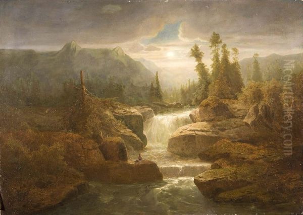 Paesaggio Boscoso Con Cascate Oil Painting by Jean Adolphe Chudant