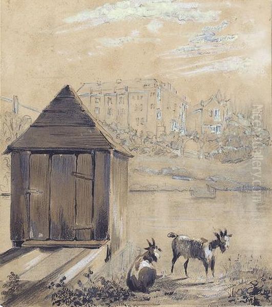 Flusspartie Mit Badehaus Und Zwei Ziegen Oil Painting by Eugene Ciceri
