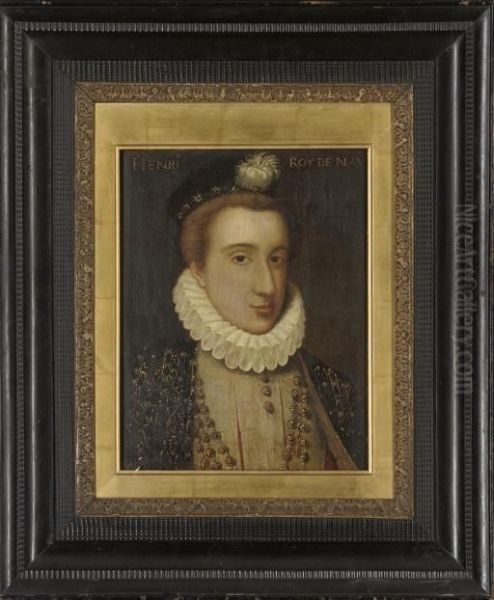 Portrait Of A Gentleman, Traditionally Identified As Henry Ii, King Of Navarre, Bust-length, In A Black And Gold Embroidered Coat And A White Ruff, With A Gold Necklace And A Black And Gold Embroidered Plumed Cap Oil Painting by Jean Clouet