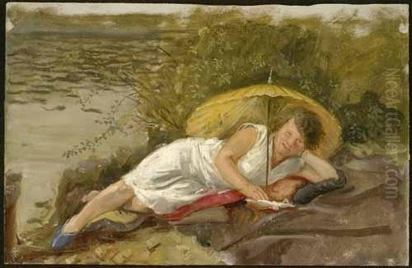 Am Flusufer Liegende Frau Mit Aufgespanntem Schirmund Vor Sich Ein Aufgeschlagenes Buch Oil Painting by Mozes Cohen