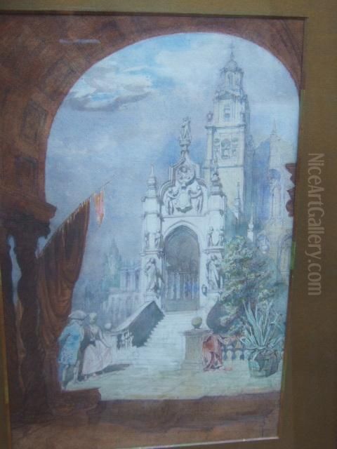 Figures Before A Church Oil Painting by Alfred Charles Conrade
