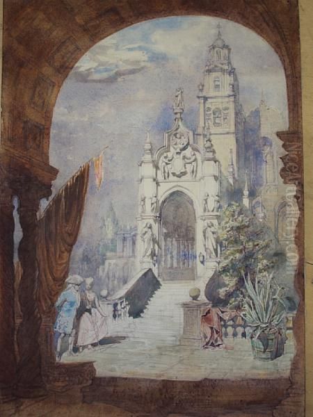 An Architectural Study, With Figures On A Terrace Before, With A Study For A Window Opening Verso Oil Painting by Alfred Charles Conrade
