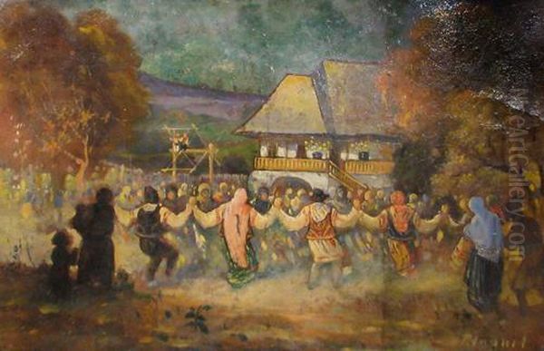 Large Round Oil Painting by Pan Constanta