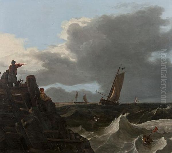 Gorleston Pier With Vessels Coming Into Harbour Oil Painting by Miles Edmund Cotman