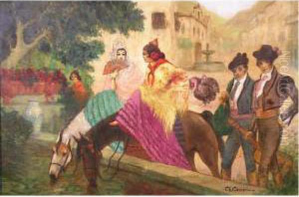 En Espagne, La Place Du Village Oil Painting by Charles Cousin