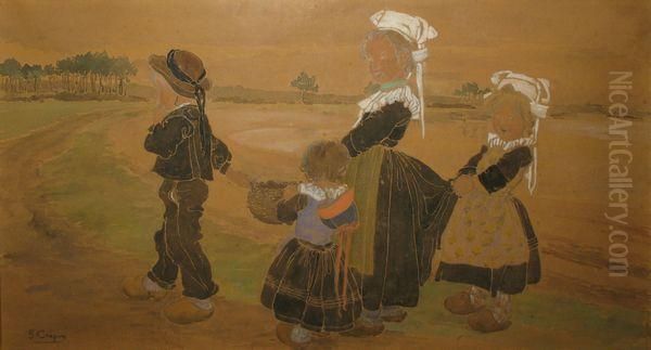 Enfants Bretons En Chemin Oil Painting by Suzanne Crepin
