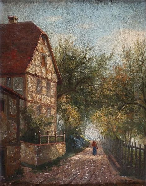 Bohmische Dorfstrase Mit Grosem Fachwerkhaus Und Bauerin Oil Painting by Carl Robert Croll