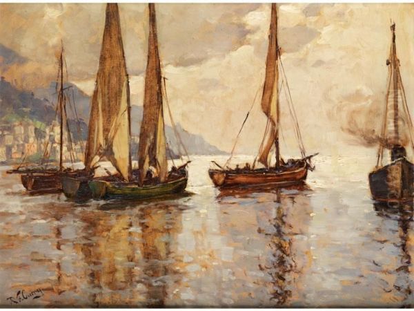 Segelschiffe In Sudlichermeeresbucht Oil Painting by Robert Franz Curry