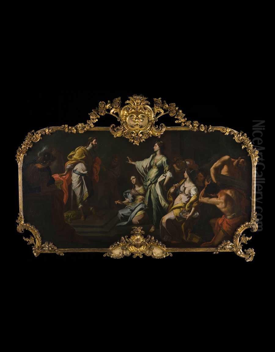 La Regina Di Saba Presenta I Suoi Doni A Salomone ? Entro Importante Cornice In Legno Intagliato E Dorato A Mecca, Cimasa Centrata Da Grande Rocaille Entro Tralci Floreali Scolpiti A Tutto Tondo Oil Painting by Vito D' Anna