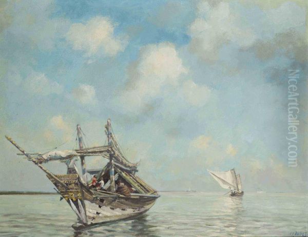 Junks Before The Coast Oil Painting by Carel Lodewijk, Dake Jr.
