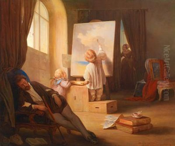 Der Schlafende Maler Oil Painting by Josef Franz Danhauser