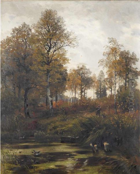 Woodland Scene With A Hunter And His Dog Oil Painting by Hugo Darnaut