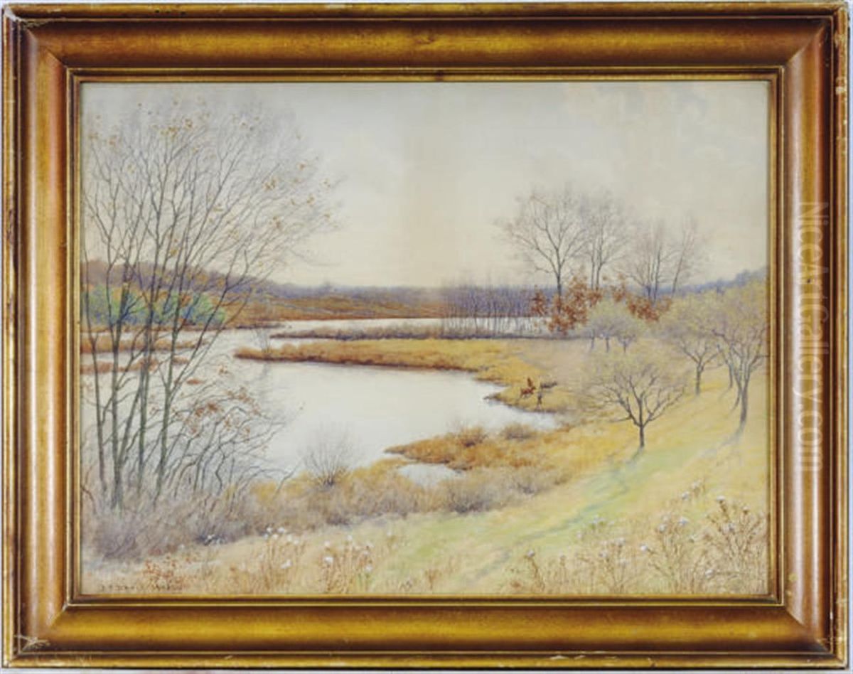 Late Autumn Afternoon By The Riverbank; And A Companiondrawing Oil Painting by Arthur F. Davis
