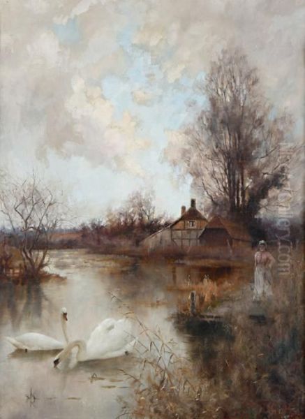 Swans On River Oil Painting by Valentine, Val Davis