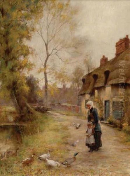 Village River Path With Thatchedcottages Behind, Mother And Child Feeding Ducks And Pigeons Atriver Edge On Canvas. Oil Painting by Valentine, Val Davis