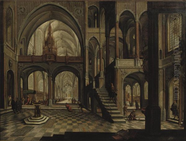 An Interior Of A Gothic Church With A Procession Moving Towards Thealtar Oil Painting by Daniel de Blieck