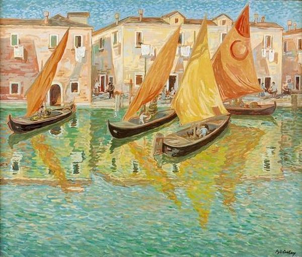 Segelboote In Venedig. Oil Painting by Imre Denes De Bolcskey