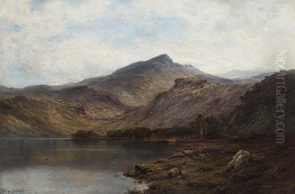 Herder Tending Cattle In The Highlands Oil Painting by Alfred Fontville De Breanski