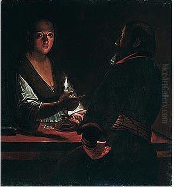 A Candle-lit Scene With Two Figures At A Table (mercenary Love) Oil Painting by Adam de Coster